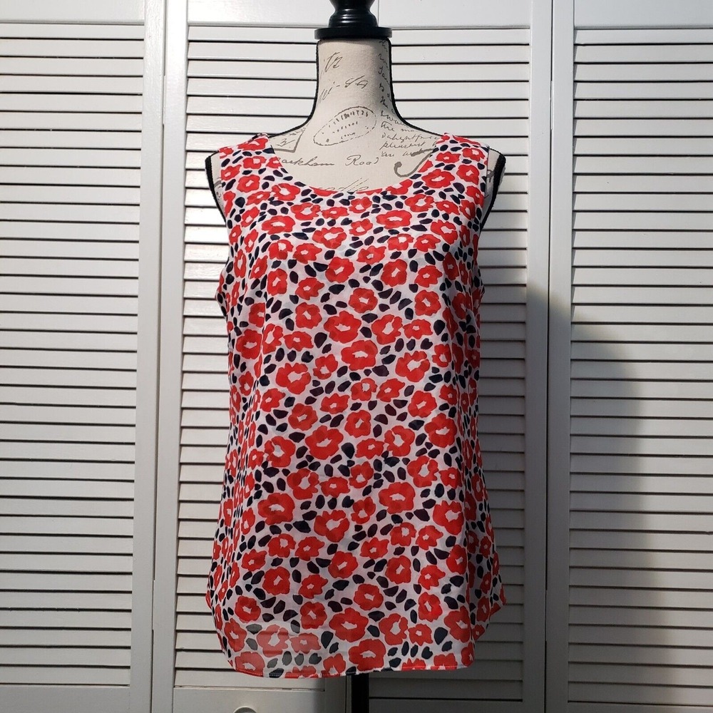 Cabi Flipside Reversible Blouse Women's Small Red Floral Chiffon‎ V-neck Ruffle